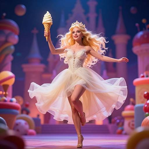 Blonde princess in a flowing white dress and tiara joyfully holds a vanilla ice cream cone on a colorful stage with whimsical castle backgrounds. (