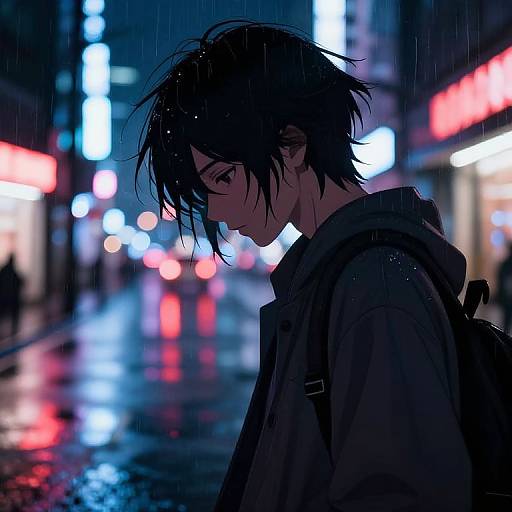 Anime-style digital drawing of a rain-soaked, melancholic young man with messy black hair, wearing a hooded jacket, in a brightly lit,