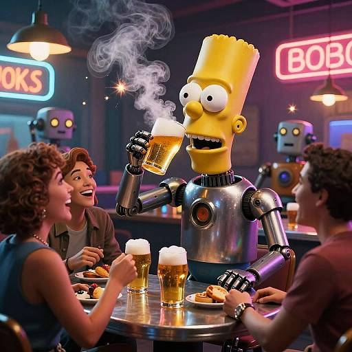 Digital illustration: Metal humanoid with yellow head, holding beer, smoking, sits with laughing 1950s-style couple at neon-lit bar, robotic