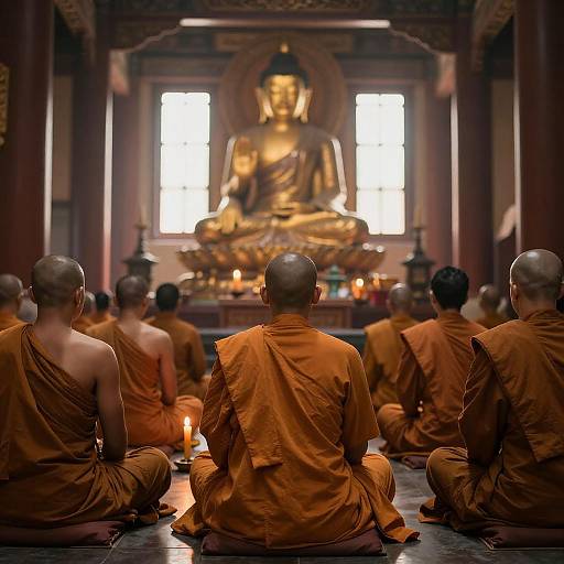 Serene Monks in Glowing Temple Light