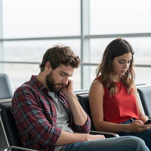 Two Travelers Relaxing at Airport Seating