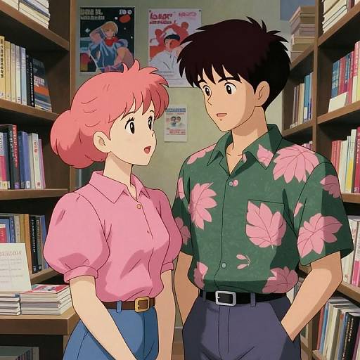 Anime-style drawing of a pink-haired girl in a pink shirt and blue pants, standing beside a black-haired boy in a green floral shirt, in a