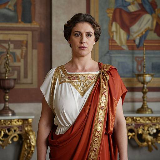 Photograph of a woman with brown hair in an ancient Roman-style white and red dress with gold embroidery, standing in a richly decorated, classical interior