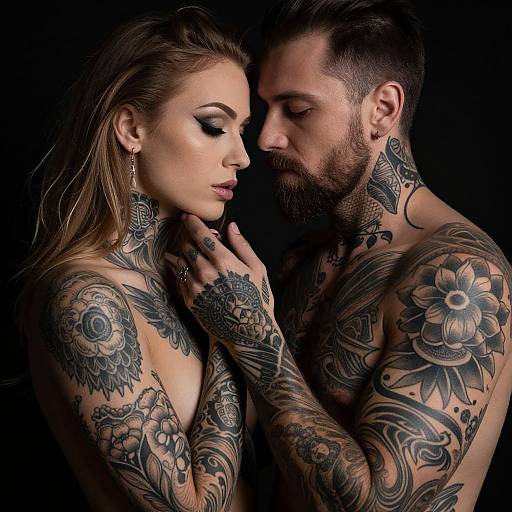 Photograph of a tattooed, topless couple with intricate black ink designs, facing each other intimately against a dark background.