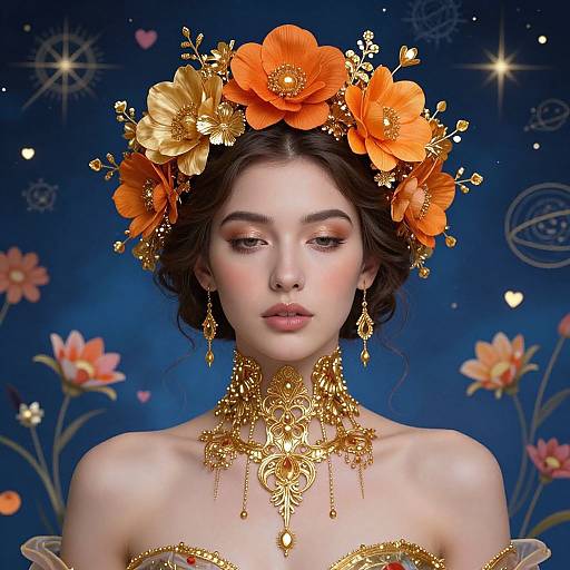Digital art of a serene, fair-skinned woman with dark hair, adorned in a golden floral crown and intricate necklace, set against a starry blue