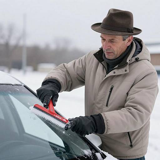 Determined Man Scraping Icy Windshield