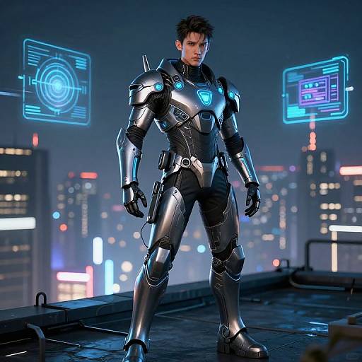 CGI image of a muscular man in sleek, futuristic black and silver armor with glowing blue accents, standing on a rooftop at night with neon-lit