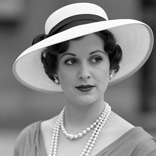 Black-and-white photograph of a 1920s-style woman with short, wavy dark hair, wearing a wide-brimmed white hat, pearl
