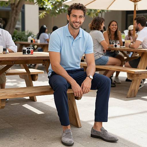 Photograph of a smiling, attractive, bearded man in a light blue polo and navy pants, sitting on a wooden bench in an outdoor café with