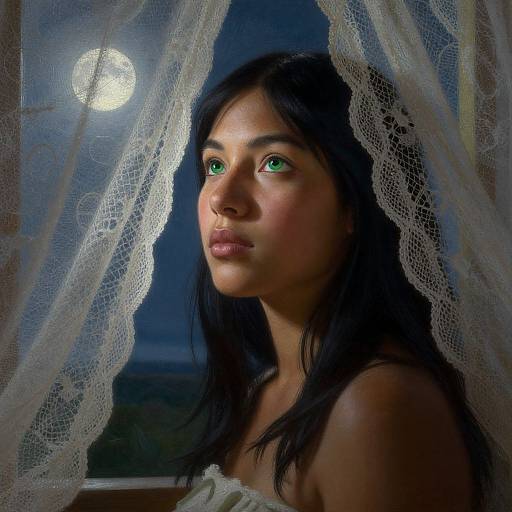 Photograph of a young woman with green eyes, dark hair, and fair skin, gazing at a full moon through lace curtains.