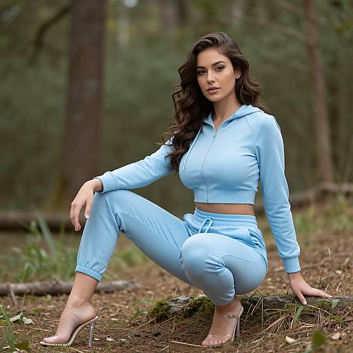 Photograph of a beautiful woman with long dark hair, wearing light blue cropped hoodie and pants, squatting in a forest, clear heels, natural light
