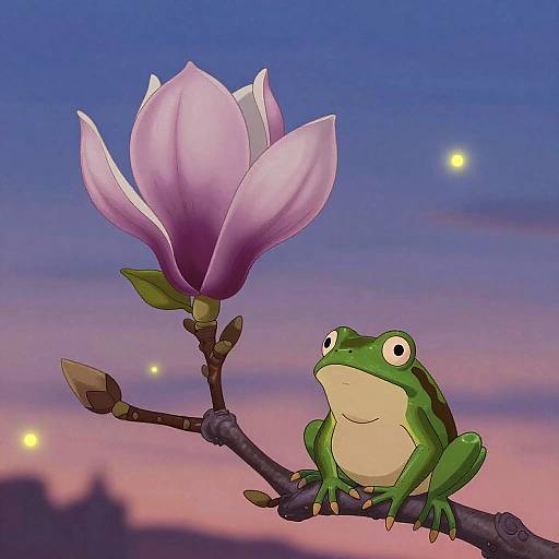 Digital illustration of a green frog perched on a branch with a pink magnolia blossom, set against a twilight sky with glowing stars.