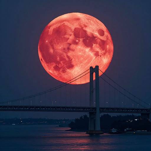 Photograph of a large, glowing red full moon behind a dark blue sky, with a silhouetted bridge spanning a reflective river below.