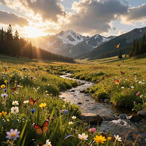 Sunlit Meadow with Butterflies and Mountains