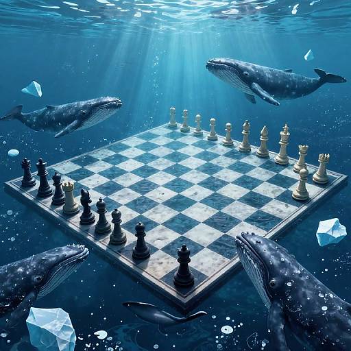 Digital artwork: Underwater chessboard with black and white pieces surrounded by five whales, illuminated by sunlight, with floating ice cubes.