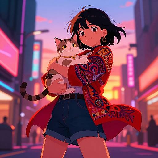 Anime Girl with Cat in Neon City