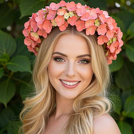 Smiling Blonde Woman with Coral Wreath