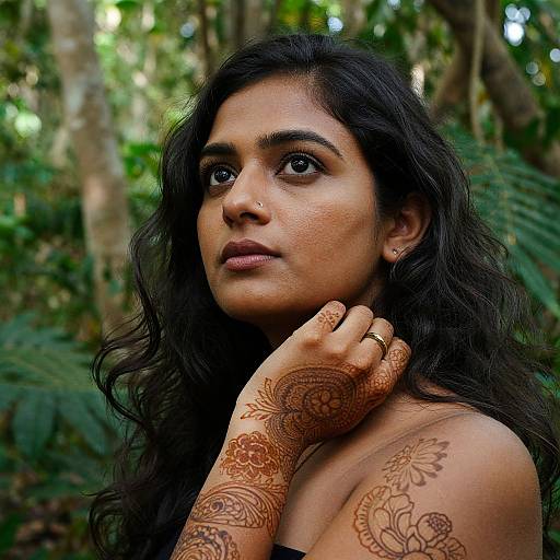 Photograph of a beautiful young Indian woman with dark wavy hair, wearing intricate henna patterns on her hands and arms, standing in a lush,