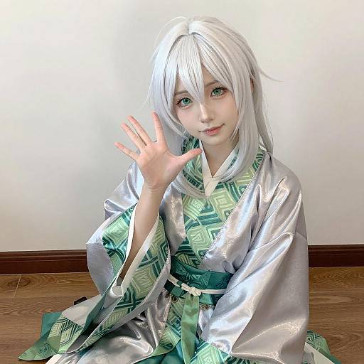 Anime Character in Silver-Green Robe