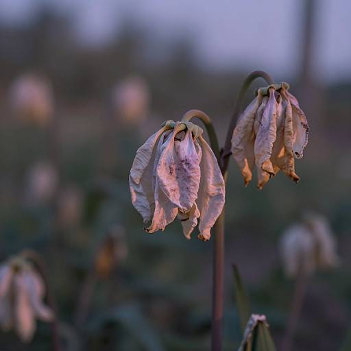 Photograph of two wilted, pinkish-white bell-shaped flowers with brown edges, set against a blurred, twilight-blue background with soft, out-of