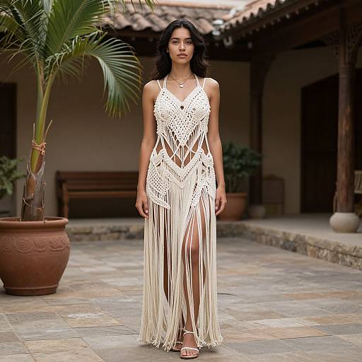 Photograph of a dark-haired woman in a white, intricate, fringe-style dress standing in a tiled courtyard with palm plants and wooden structures.