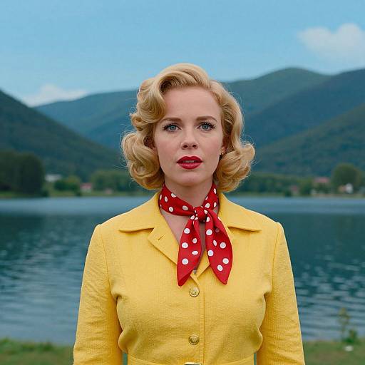 Photograph of a blonde, fair-skinned woman with red polka dot scarf, yellow coat, standing by a lake with mountains in background.