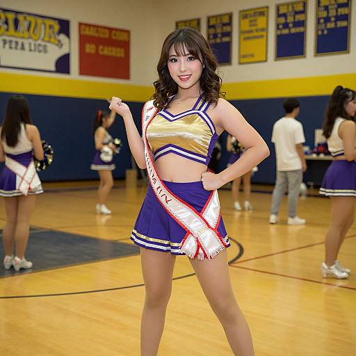 Photograph of an Asian cheerleader in a gold and blue uniform, holding a red and white sash, standing confidently in a gym with other cheer