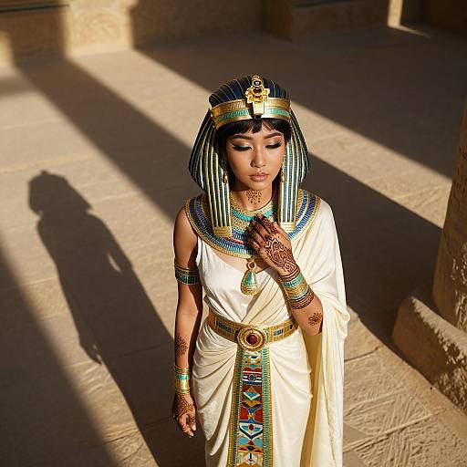Photograph of an Asian woman in an Egyptian-style white dress and striped headdress, adorned with colorful jewelry and henna, standing in a sunlit