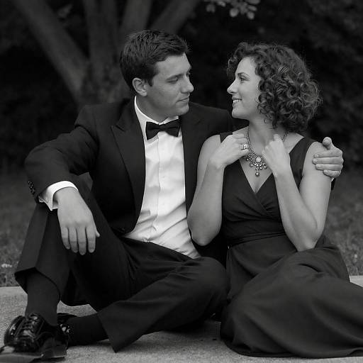 Couple in Elegant Evening Attire Sitting Outdoors