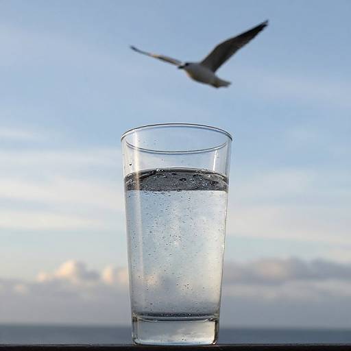 Photograph of a clear glass with water, bubbles, and a bird flying in a blue sky with soft clouds in the background.