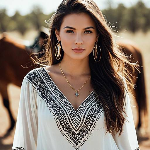 Stylish Woman in Embroidered Tunic with Jewelry