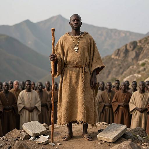 Photograph of a tall, dark-skinned African man in a tattered brown robe, holding a wooden staff, standing on rocky ground with a mountain