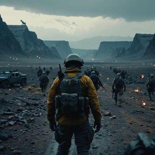 Soldiers Marching in Apocalyptic Landscape