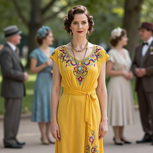 Photograph of a fair-skinned woman with dark, wavy hair in a bright yellow dress with colorful embroidery, standing in a sunny park, with