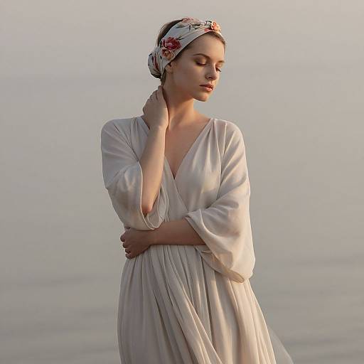 Photograph of a serene young woman with fair skin, wearing a white, flowing dress and floral headband, standing against a misty, gray background