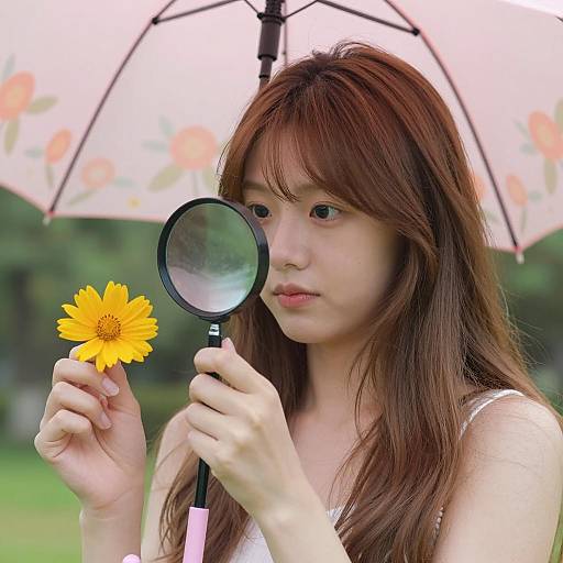 Young Woman Examining Flower Under Umbrella