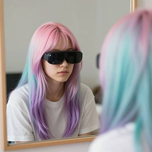 Photograph of a young woman with pastel pink, purple, and blue long hair, wearing black sunglasses and a white t-shirt, looking at her