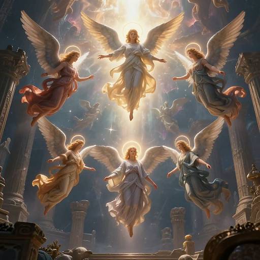 Digital artwork of five radiant angels with glowing halos and wings, ascending towards a bright, sunlit heaven, surrounded by classical columns.