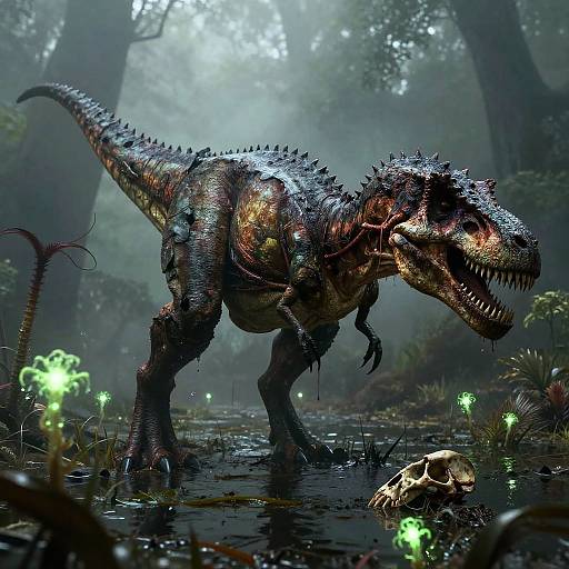 CGI image of a dark, spiked dinosaur with glowing green accents, standing in a misty forest, near glowing mushrooms and a skeletal remains.