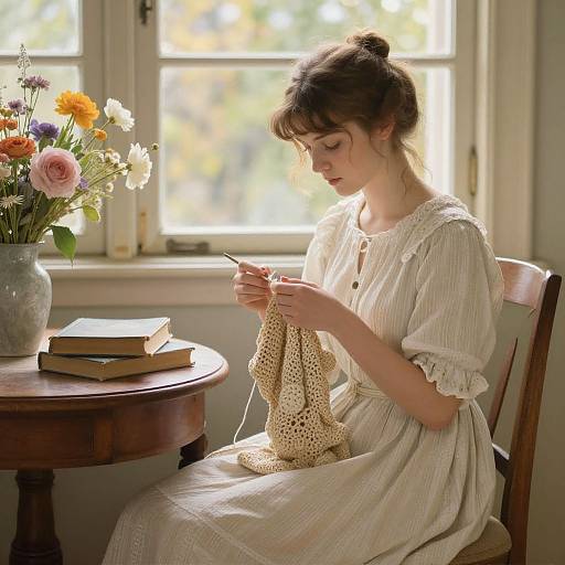 Photograph of a young woman with fair skin and brown hair in a bun, knitting a lace garment in a sunlit room. She wears a white