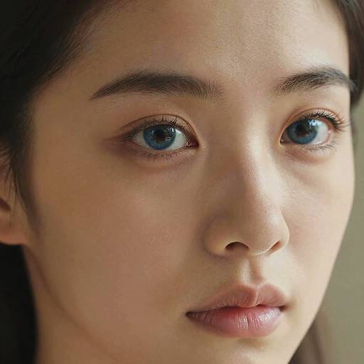 Close-up photograph of an Asian woman with fair skin, dark brown hair, striking blue eyes, and natural pink lips, gazing softly.