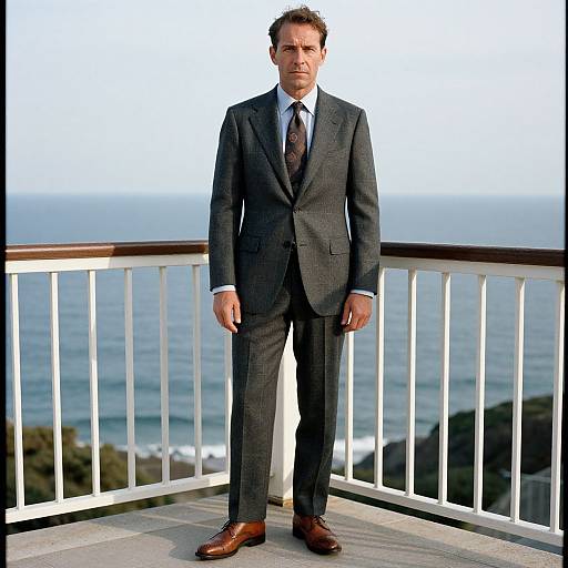 Photograph of a serious middle-aged man in a dark gray suit, white shirt, and brown tie, standing on a balcony with a coastal view in