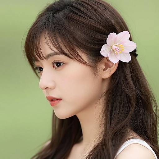 Photograph of an Asian woman with fair skin, long dark brown hair, and a white flower in her hair, wearing a white top, against a