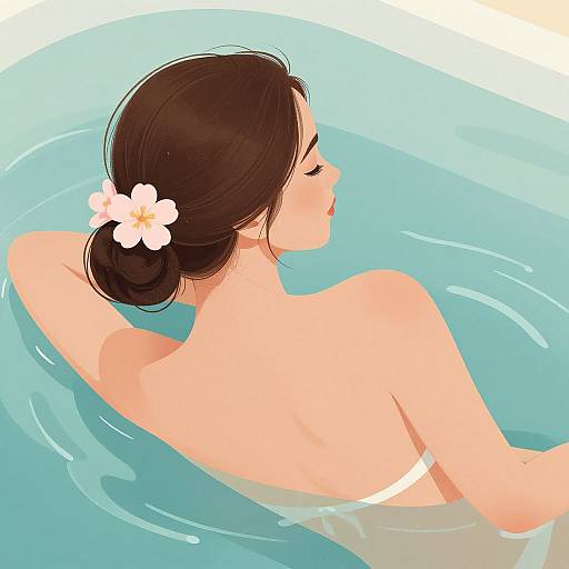 Digital illustration of a topless woman with brown hair in a bun, adorned with a white flower, relaxing in blue water.
