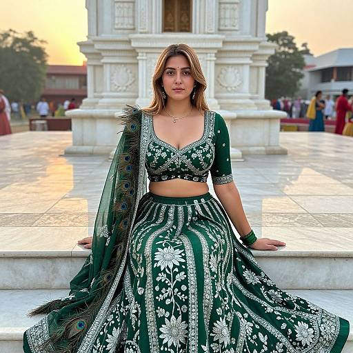 Photograph of a young woman with light brown skin and straight brown hair, wearing a green and white floral embroidered traditional lehenga and crop top, sitting