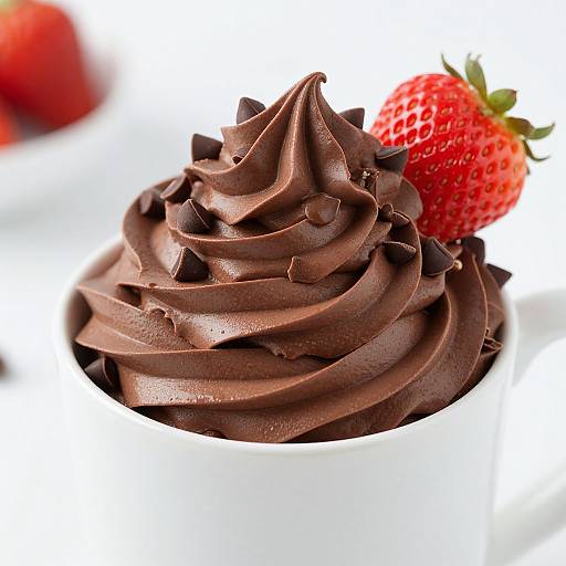 Photograph of a chocolate swirled cupcake topped with a whole, vibrant red strawberry, set against a white background.