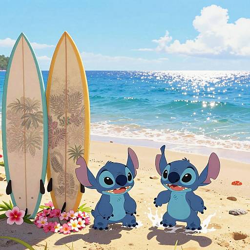 Digital illustration of two blue, alien-like creatures with large ears, standing on a sunny beach with two surfboards and flowers, ocean waves in the background