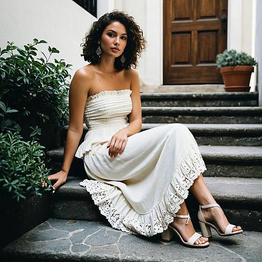 Woman in Ivory Strapless Maxi Dress Sitting on Stone Steps