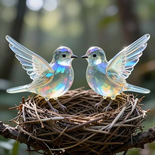 Photograph of two iridescent, glowing baby birds with rainbow-hued feathers in a nest, wings spread, facing each other in a sunlit