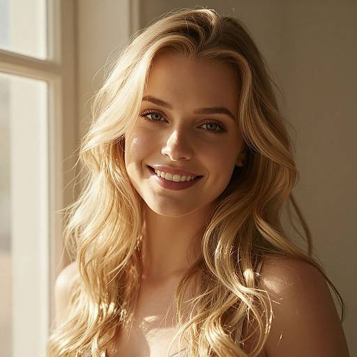 Photograph of a smiling blonde woman with wavy hair, fair skin, and bright blue eyes, bathed in warm sunlight from a window.